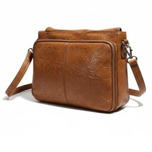 Gwen Tote n More Embossed Floral Shoulder Bag Brown Leather Crossbody